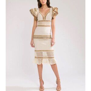 NWOT PatBO Lace‎ Silk Fringe Fitted Midi Dress Size 12